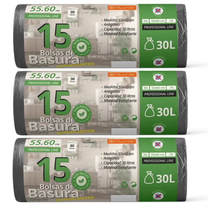 Bolsas Basura, Bolsas Basura 30L, Resistentes, Material 100% Reciclado y Reciclables , Antigoteo, Bolsas con Autocierre Fácil, Apta para Todo Tipo de Desechos, 55x60 cm - Ofituria (15 bolsas, 30L) - 1
