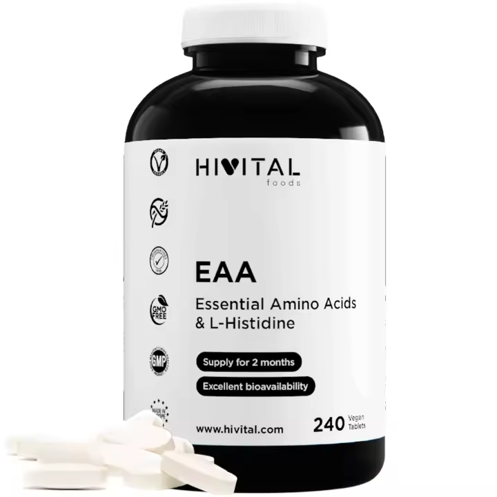 EAA Aminoácidos Esenciales. 240 comprimidos veganos para 2 meses. 9 Aminoácidos Esenciales para el Pre y Post Entrenamiento que aceleran el crecimiento y la recuperación muscular. Hivital - 1