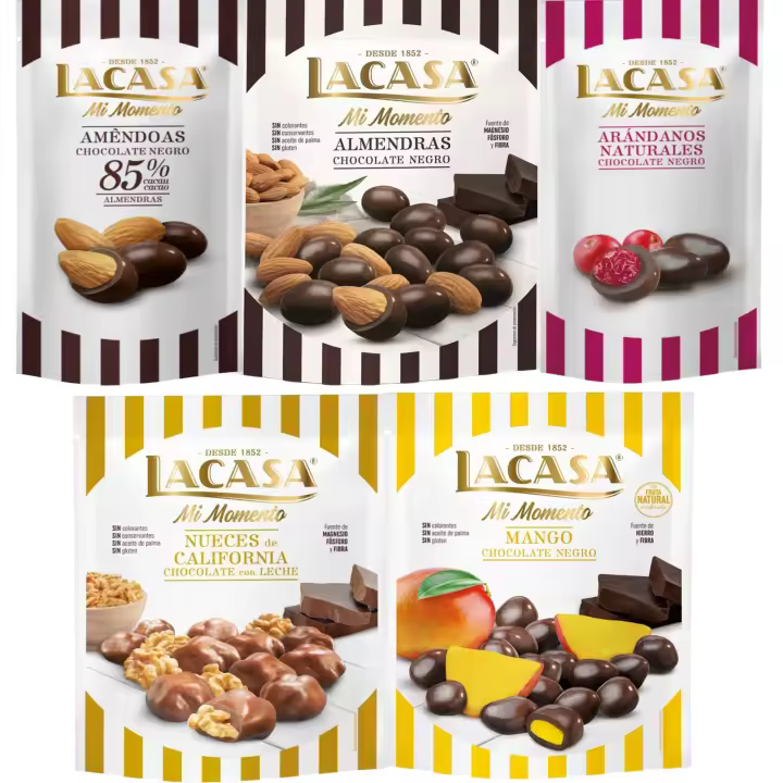 Lacasa Mi Momento pack de 5:Arándano choco Negro 60G,Almendra 85% 65G,Nueces Leche 115G,Almendra choco Negro 125G,Mango choco Negro 115G - 1