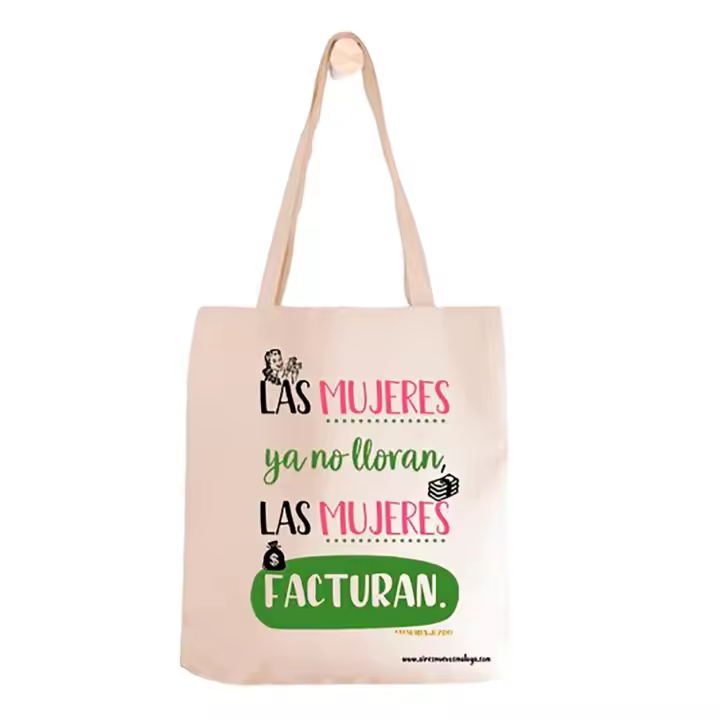 Aires Nuevos Bolsa de tela de poliéster tipo lino nature "Las mujeres ya no lloran, las mujeres facturan". Shakira. Tote bag. DIY. Original. Regalos. Personalizados. - 1