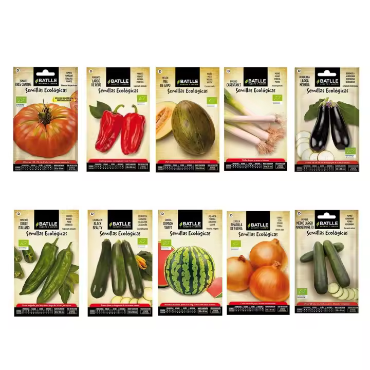 Semillas ECOLÓGICAS huerto lote 10 sobres Semillas BATLLE (Tomate, Pimiento italiano, Pimiento rojo, Berenjena, Calabacin, Cebolla, Pepino, Melón, Sandía, Puerro) - 1