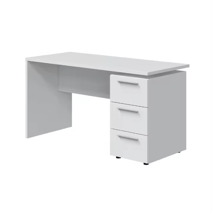 Meimon STYLUS Mesa de despacho con buc de 3 cajones, estructura de tablero melaminizado tipo E1, guías metálicas, tiradores efecto cromo brillo, tacos ABS, color Blanco Artik, medidas 138x60x74 cm, carga máxima 25 kg - 1