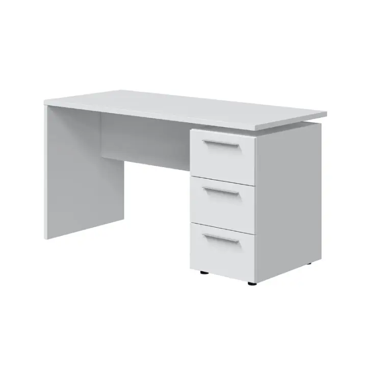 Meimon STYLUS Mesa de despacho con buc de 3 cajones, estructura de tablero melaminizado tipo E1, guías metálicas, tiradores efecto cromo brillo, tacos ABS, color Blanco Artik, medidas 138x60x74 cm, carga máxima 25 kg - 1