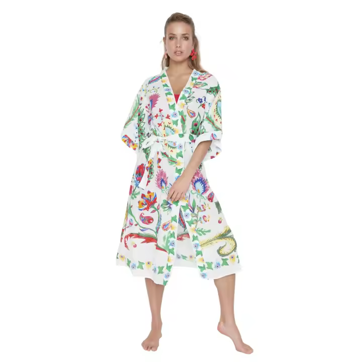 Trendyol Ecru Floral Printed Voile Beach Kimono & Beach Kaftan Tbess21Km0086 - 1