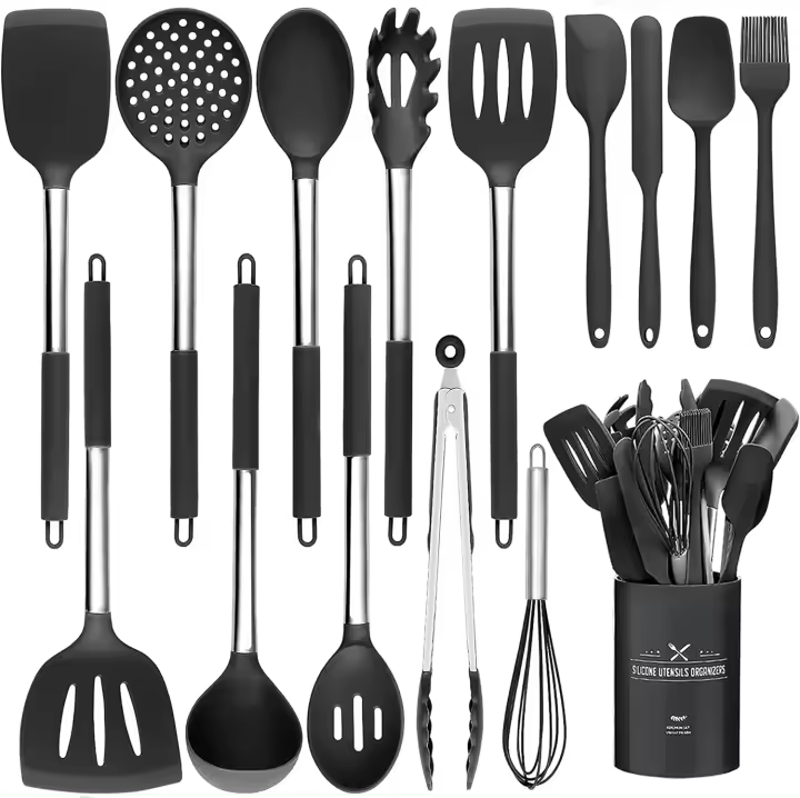 Juego de 15 utensilios de cocina de silicona resistentes al calor con Mangos de Arce inoxidables antiadherentes NegreO - 1