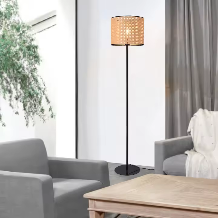 Lámpara de pie Helens pantalla de ratán metal y plástico 154 x Ø 30 cm - negro / beige [lux.pro] - 1
