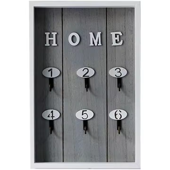 Caja para LLlaves de Madera de pared Con 6 Ganchos para Colgar Llaves, Gris - 1