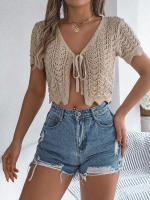 Cardigan De Punto Para Mujer Verano Otoño Ligero De Visón Manga Corta Cuello Redondo Estilo Casual Color Sólido Con Agujeros - details 16