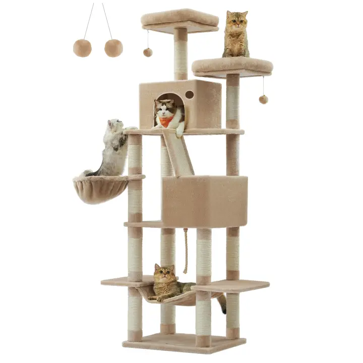 Árbol para gatos XXL de 206 cm, torre con 13 postes, 2 plataformas, 2 cuevas, cesta, hamaca, pompón y rascador multinivel para gatos grandes - 1