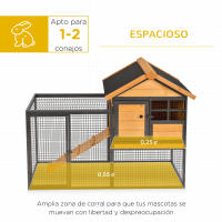 PawHut Conejera de Exterior Jaula para Mascotas Pequeñas 2 Niveles con Rampa Bandeja Extraíble de Madera y Metal 122x63x92 cm para Conejos Cobayas Madera y Gris - details 3