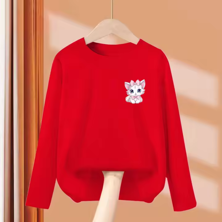Camiseta De Gato Con Lazo Para Bebé Niña 2024 Manga Larga Algodón Y Poliéster Estilo Casual Primavera Tallas 3-14 Años - 1