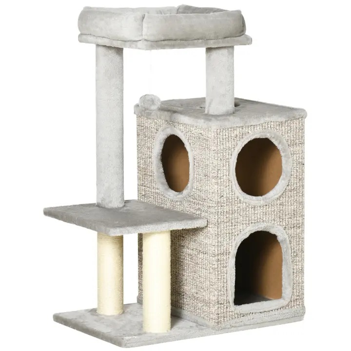 PawHut Rascador, altura 91 cm, árbol trepador con 2 cuevas para gatos, barril rascador con columna de sisal, barril de juego para gatos, árbol para gatos con plataforma, árbol de juegos, juguete para gatos, gris claro - 1