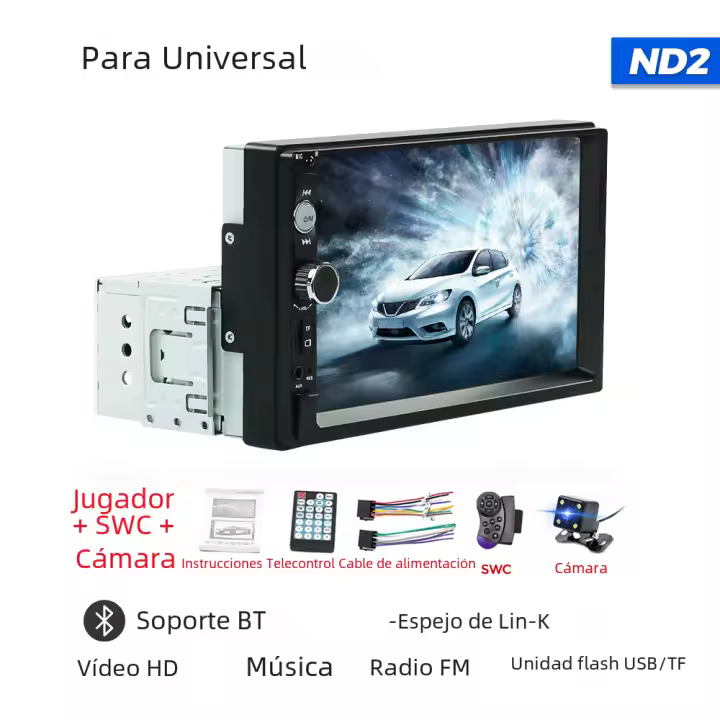 Reproductor Multimedia para Coche Universal 2024 de 7 pulgadas Soporte SWC/AUX/BT/SD/USB/Mirrorlink/FM/RCA/HD Video - 1