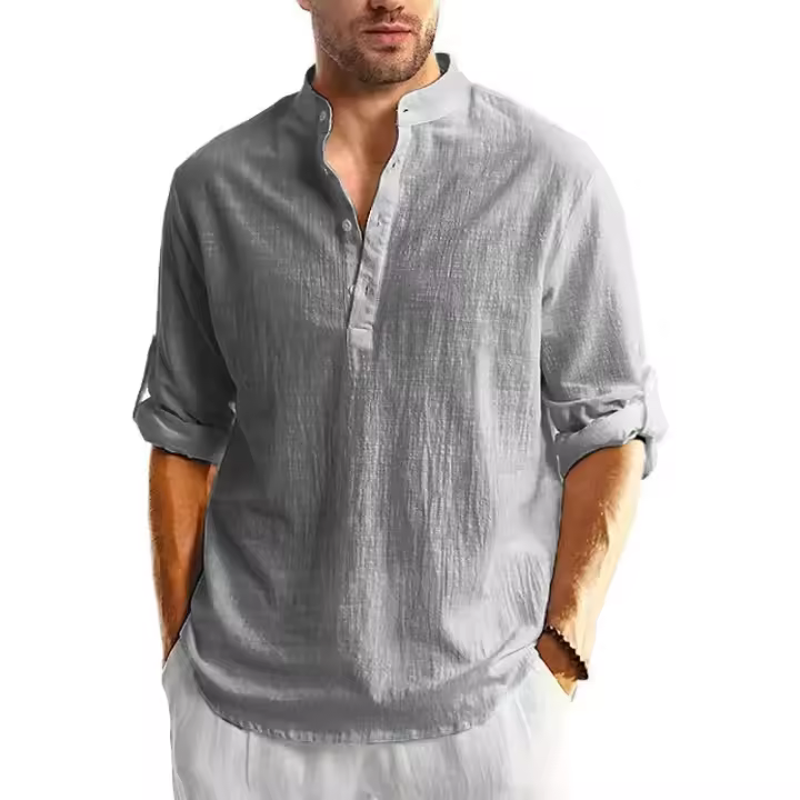 Camiseta De Lino Y Algodón Para Hombres Camisa De Manga Larga Con Botones Estilo Playa Hawaiano Transpirable Y Ligera Para Todas Las Estaciones - 1