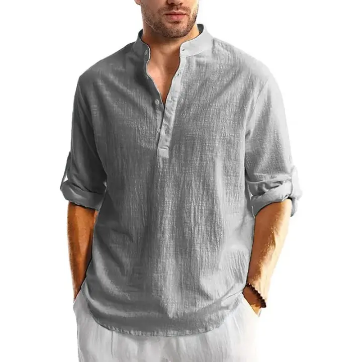 Camiseta De Lino Y Algodón Para Hombres Camisa De Manga Larga Con Botones Estilo Playa Hawaiano Transpirable Y Ligera Para Todas Las Estaciones - 1
