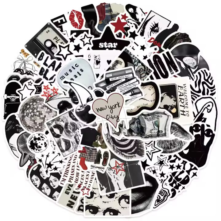 50pcs Pegatinas Retro De Los Años 90 Y 00 En Blanco Y Negro Para Niñas Aesthetic Para Equipaje Laptop Guitarra Teléfono Diario Vinilo Impermeable Y Desmontable - 1