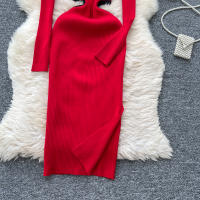 Vestido De Punto Para Mujer REALEFT Otoño Invierno Con Abertura Lateral Y Cuello Redondo Manga Larga Solido Vestido Recto De Oficina - details 21