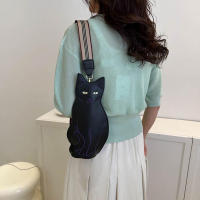Bolso Bandolera De Cuero PU Negro Con Estampado De Gato Mujer Estilo Coreano Con Correa Ancha Bolso De Pecho Para Mujer Moda - details 3