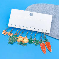 5 Pares De Pendientes Colgantes De Aleación De Zinc Con Diseño De Zanahoria Flor Y Cactus Para Niñas Joyas Moda Y Encanto - details 2