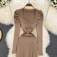 Vestido REALEFT De Mujer Otoño Invierno Con Cuello Cuadrado Manga Larga Y Acolchado De Puff Trasero Lateral Split Midi Casual - details 27