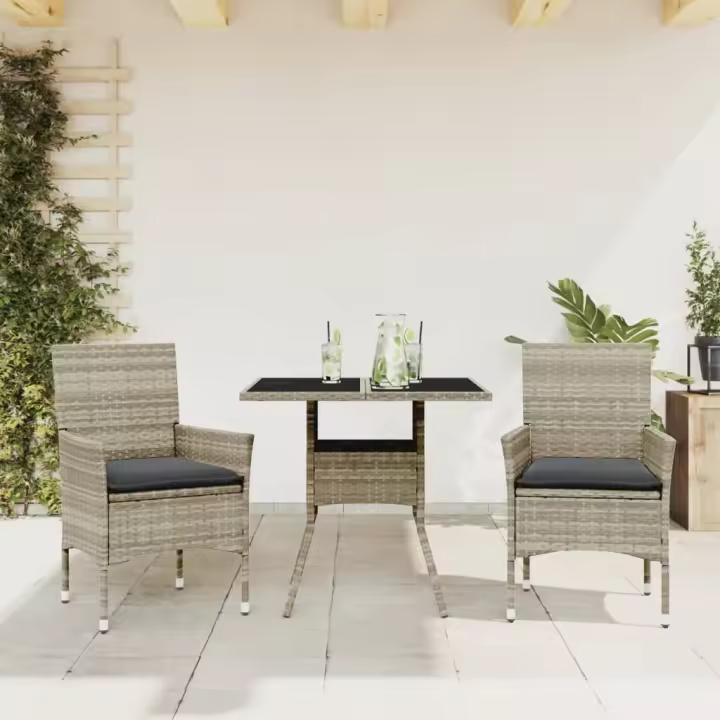 vidaXL Set comedor jardín 3 pzas y cojines ratán PE vidrio gris claro - 1