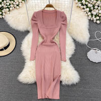 Vestido REALEFT De Mujer Otoño Invierno Con Cuello Cuadrado Manga Larga Y Acolchado De Puff Trasero Lateral Split Midi Casual - details 17