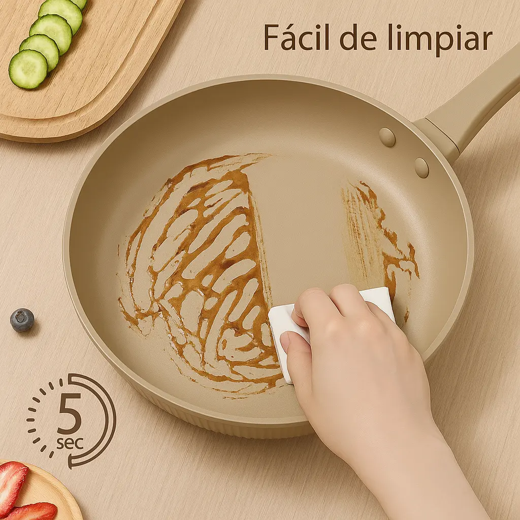 Juego de 3 Sartenes Antiadherentes Premium Color Arena | Set Completo 20+24+28 cm | Inducción y Vitro | Diseño Acanalado y Mango Ergonómico Soft-Touch | Doble Capa de Recubrimiento | Libre de PFOA y PFAS - Happy Friends - details 1