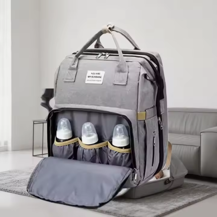 Mochila multifuncional plegable gris - porta biberón, aislamiento térmico 360°, capacidad de carga de 20 kg, tejido Oxford resistente, ideal para los padres viajeros y el bebé. - 1