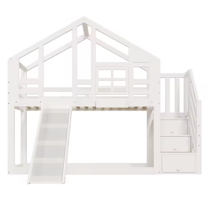 Cama Infantil Treehouse 90x200 cm, Litera Infantil, construcción de Ventana con tobogán y Protección Contra Caídas, Blanco, incluido. Pizarra - 2 somieres (colchón no incluido) - 1