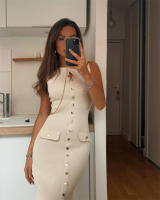 Vestido Largo De Verano Elegante Para Mujer Con Cuello Redondo Y Sin Mangas Tejido De Lana Chic Para Comunicación Traje Feminino - details 3