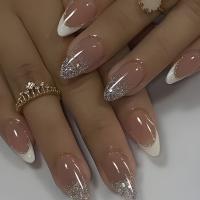 24PCS Uñas Postizas De Alergias Almendradas Con Rayas Blancas Y Línea Plateada Brillante Estilo Francés Para Mujeres Moda Uñas De Fiesta - details 4