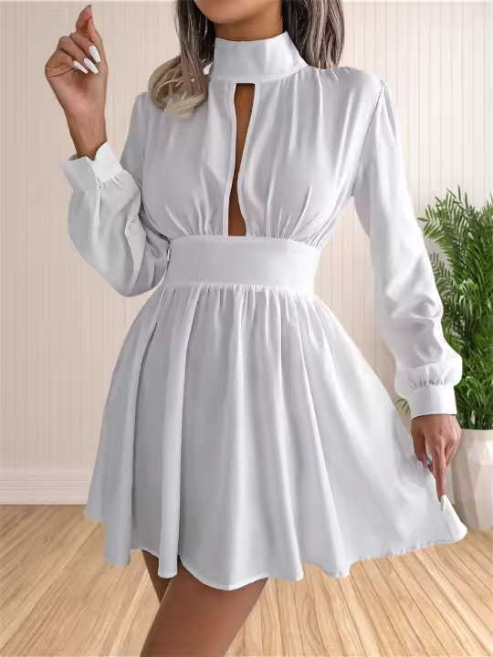 Vestido Mini De Cuello Alto Manga Larga Casual Para Mujer Vestido Swing Con Agujeros Ajuste Regular Polyester Estilo Sexy Y Club - 1