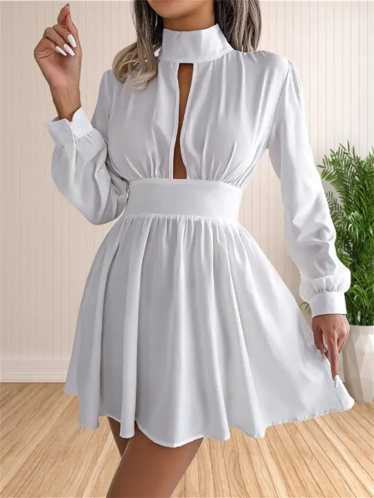Vestido Mini De Cuello Alto Manga Larga Casual Para Mujer Vestido Swing Con Agujeros Ajuste Regular Polyester Estilo Sexy Y Club - 1