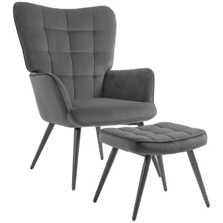 Sellón orejero con taburete Sillón reclinable tapizado Terciopelo Sala de estar Peso hasta 120 kg Gris Oscuro - 1