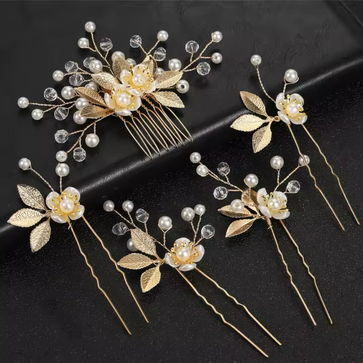 Peinado De Novia Con Flores Y Perlas Combinado De Hojas Para El Cabello Accesorios De Boda Para Mujeres 5 Piezas Adornos De Cabeza De Cristal - 1