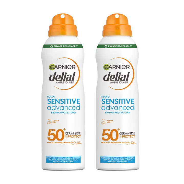 GARNIER | Delial Sensitive Advanced Bruma Protectora Solar para pieles claras, sensibles e intolerantes al sol IP50+. Muy resistente al agua, 0% pegajoso, 0% graso  - 2x150 ml - 1