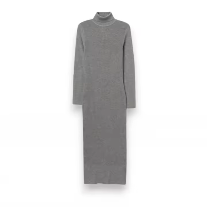 Vestido Tiffosi Chloe gris acero, midi con cuello alto y manga larga. - 1
