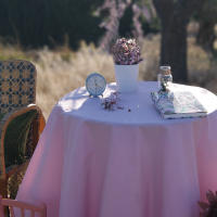 La FábricadelasTelas - Falda Mesa Camilla Redonda Primavera Verano Rosa Loneta estampada algodón . Faldón Faldilla enagüilla. Tejido para mesa redonda, fácil lavado, calidad y color rosa pastel. - details 0