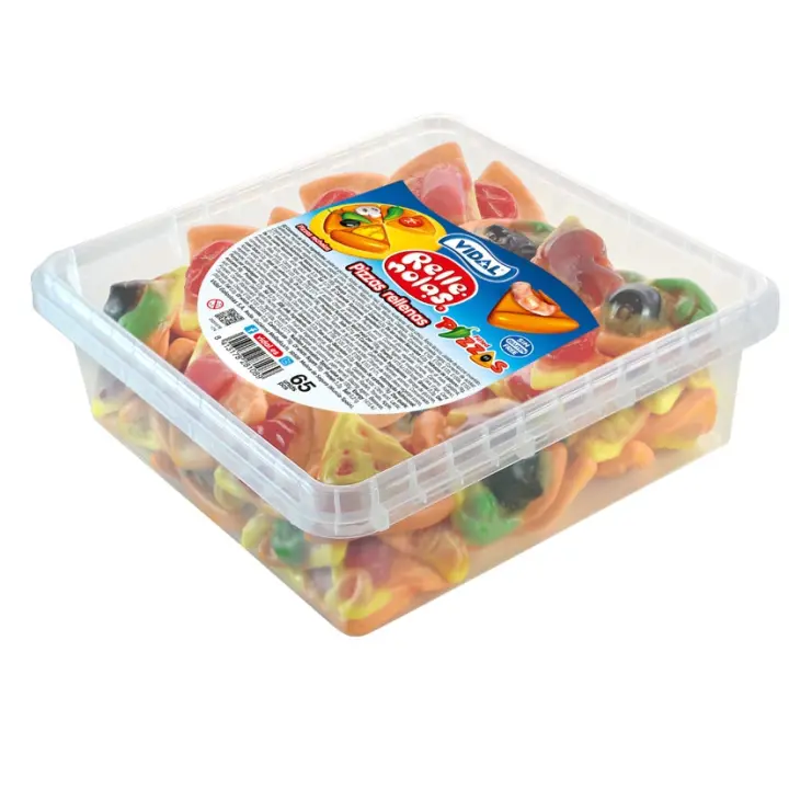 Gominolas de Vidal Rellenas en bandeja. Unión de texturas que te dejará un dulce sabor en la boca y ganas de repetir. Diferentes modelos a elegir: pizzas, fresones con nata y osos bears. Chuches sin gluten y sin grasa. Rellenolas - 1