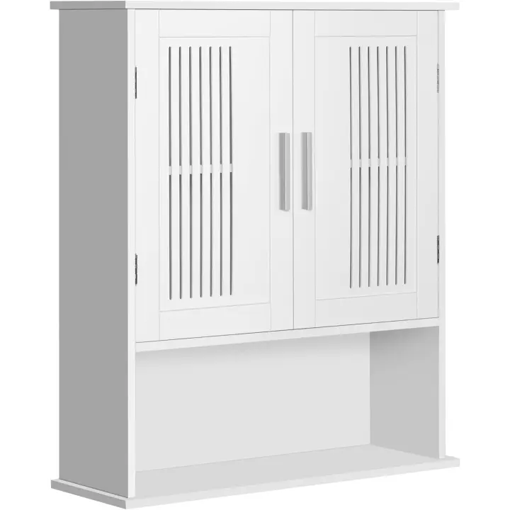 Armario de Pared para Baño Multiusos Mueble de Baño Suspendido Armario Colgante de Almacenamiento con 2 Puertas de Listones Estante Ajustable y Compartimento 60x20x70 cm Blanco - 1