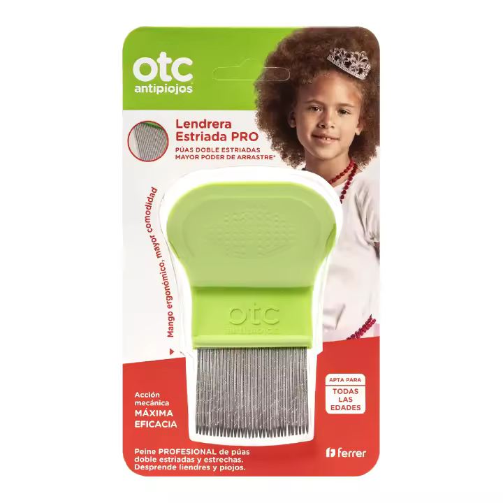 OTC Antipiojos Liendrera Estriada Pro Peine profesional para eliminar piojos y liendres eficazmente con Púas doble estriadas y estrechas y punta redondeada - Acero inoxidable- Para niños y adultos - 1