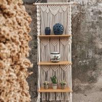 Wall Tapestry, Woven Wall Shelf Wooden Wall Decor Floating Hanging Storage Shelf Bohemian Cotton Rope - details 2