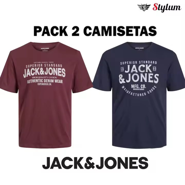 Jack & Jones Hombre Pack 2 Camisetas de Algodón Logo estampado Ajuste Regular Fit  Moda Casual Informal - 1