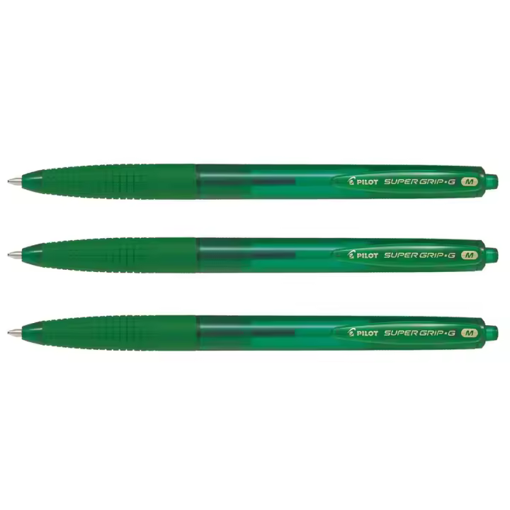 Pilot Bolígrafo Super Grip G Retráctil Punta Bola 1mm Grip Tinta Base de Aceite Verde (Pack de 3) - 1