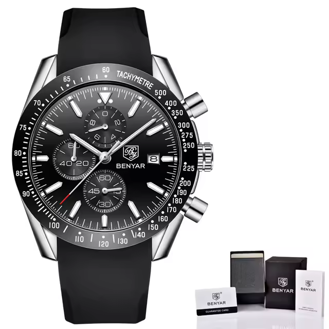 Reloj De Cuarzo Para Hombre BENYAR Lujo Casual Con Correa De Silicona Cronógrafo Militar Resistente Al Agua 30M Manos Luminosas Display Sin Números - 1