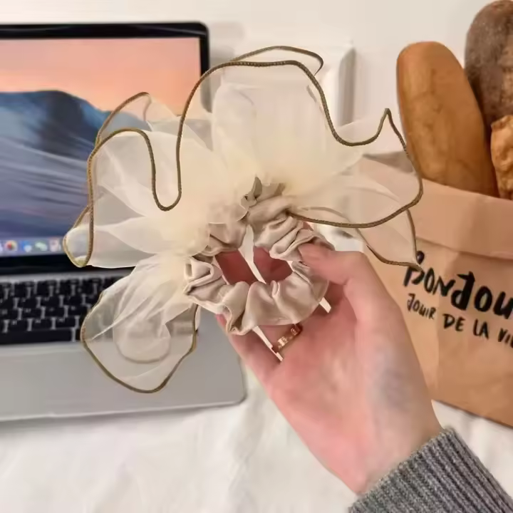 Cinta De Pelo Organza Moda Forma De Intestino Grande Cinta Elástica De Malla Plisada Flor De Cabeza Accesorio De Cabello Para Mujer - 1