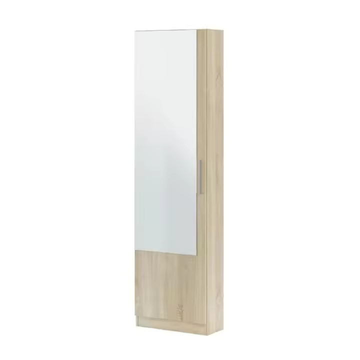 Meimon Zapatero 1 puerta con espejo, capacidad para 16 pares de zapatos, estructura de tablero melaminizado E1, cantos en PVC, bisagras metálicas, varillas de aluminio extraíbles, tirador metálico cromado, cierre con imán, y fijación a pared incluida - 1