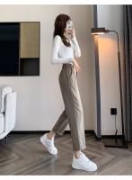 Pantalones De Trabajo Mujer Estilo Casual Cintura Alta Botones Talla Grande Color Caqui Largo Hasta El Tobillo Trasero Ancho - details 5