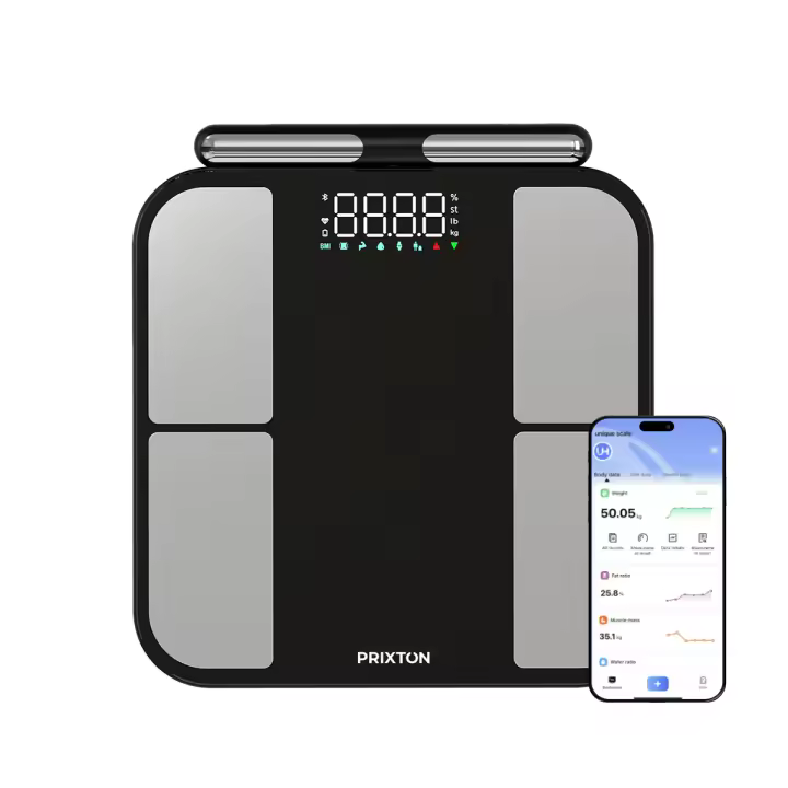 PRIXTON Báscula de Baño Inteligente BC400, 56 Medidas Corporales, App Multiusuario (hasta 200), Electrodos Extensibles, 180 kg, IMC, Grasa y Masa Muscular - 1