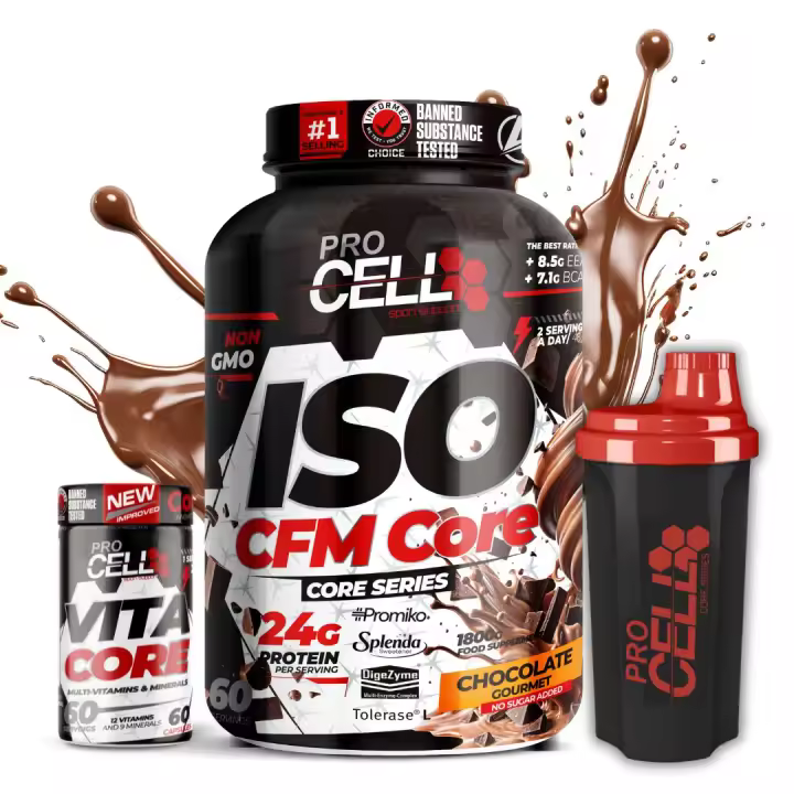 ProCell | PACK ISO CFM CORE + VITACORE 60 caps + Shaker REGALO | Proteína Aislada Pura | Proteína Isolada Premium | Aumentar Masa Muscular | Multivitaminico | (1,8 kg, Chocolate) - 1